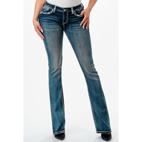 Grace in LA Women's Aztec Western Embroidered Stonewashed Bootcut Stretch Jeans - Picture 2 of 3